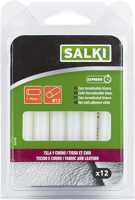 SALKI Barras de Cola Termofusible Para tela y cuero - Silicona Caliente de 12 Unidades, 12mm Diámetro, 95mm largo de color Blanco