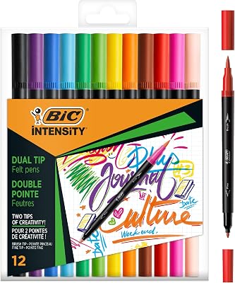 BIC Intensity feutre d'écriture Double Pointe et Corps Noir Mat - Couleurs assorties, Pochette de 12