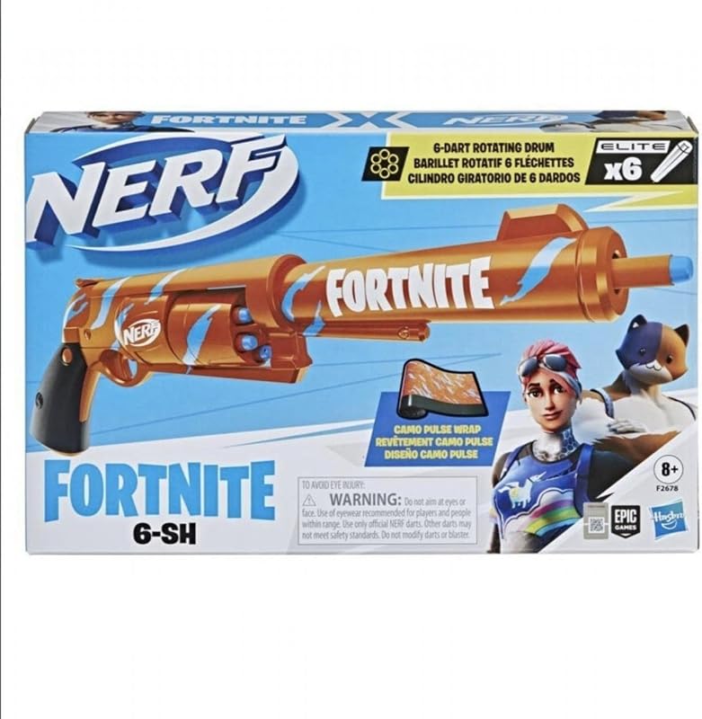 Nerf Lanzador Fortnite 6-SH - Pulso de Camuflaje - con Martillo y Tambor Giratorio de 6 Dardos - Incluye 6 Dardos Oficiales Elite