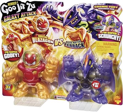 BANDAI - Heroes of Goo Jit Zu Galaxy Attack Figura de Acción Pack 2 Sun Fire Blazagon vs Dark Matter Terrack - CO41169 Multicolor - ¡Figuras elásticas que se estiran y se retuercen para la acción!