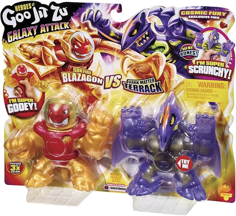 BANDAI - Heroes of Goo Jit Zu Galaxy Attack Figura de Acción Pack 2 Sun Fire Blazagon vs Dark Matter Terrack - CO41169 Multicolor - ¡Figuras elásticas que se estiran y se retuercen para la acción!