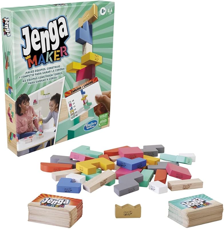 Hasbro Gaming Jenga Maker, Juego de apilar Bloques de Madera para 2 a 6 Jugadores, Juego en Equipos, Edad a Partir de 8 años, Multicolor