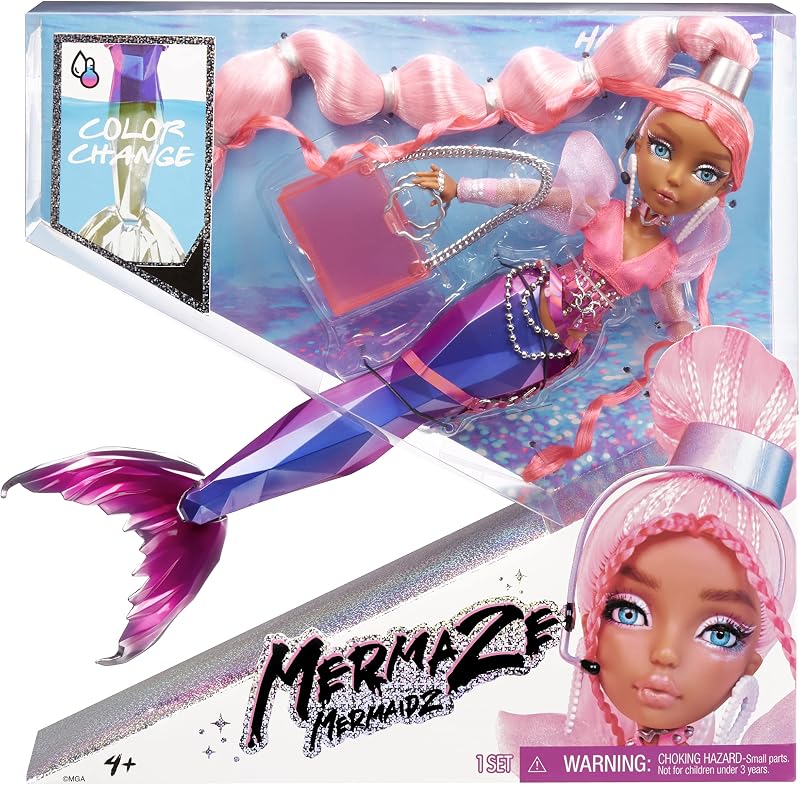 MERMAZE MERMAIDZ - HARMONIQUE - Muñeca de Moda Sirena con Cola Que Cambia de Color en Agua Tibia y Pelo Rosa Claro - Incluye Vestido y Accesorios - Articulada, Puede posar - Coleccionable - 4+ años