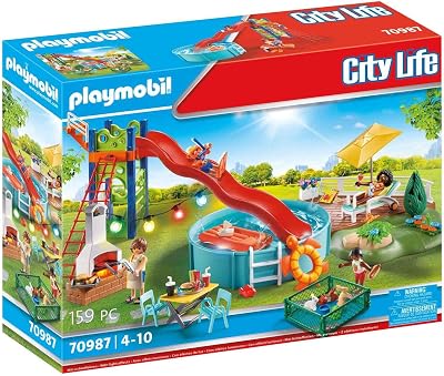 PLAYMOBIL 70987 City Life Fiesta en la Piscina con Tobogán, con Efectos de Luz, Juguetes para Niños a Partir de 4 Años, Multicolor