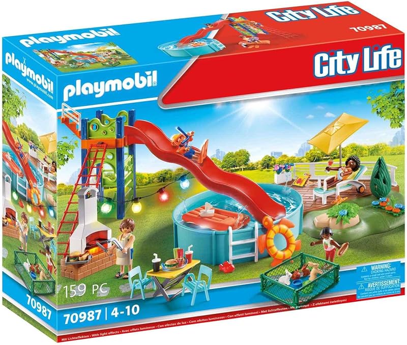 PLAYMOBIL 70987 City Life Fiesta en la Piscina con Tobogán, con Efectos de Luz, Juguetes para Niños a Partir de 4 Años, Multicolor