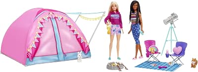 Barbie Cosa de Dos Malibu y Brooklyn con Carpa de Camping Dos muñecas con Tienda de campaña y 20 Accesorios, Juguete de Regalo +3 años (Mattel HGC18)