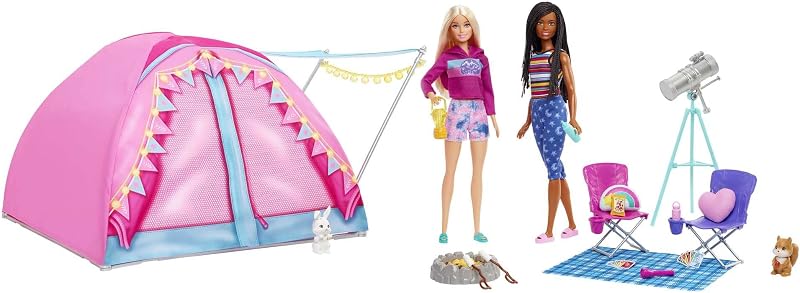 Barbie Cosa de Dos Malibu y Brooklyn con Carpa de Camping Dos muñecas con Tienda de campaña y 20 Accesorios, Juguete de Regalo +3 años (Mattel HGC18)
