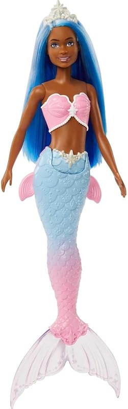 Barbie Sirena Muñeca con Pelo Azul, Cola ombré, Corona Blanca y Aletas esculpidas, Juguete +3 años (Mattel HGR12)