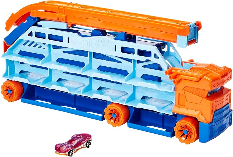Hot Wheels City Camión-Pista transporta Coches, Pista para Coches de Juguete con Lanzamiento aéreo, Incluye 1 vehículo (Mattel HDY92)
