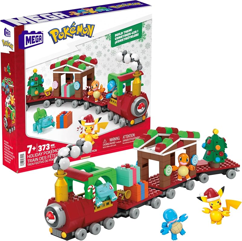 Mega Pokémon Tren Festivo Juguetes de construcción con 4 Figuras articuladas, 373 Piezas, Idea de Regalo para niños y niñas, HHP69