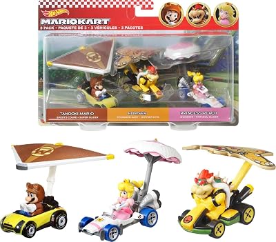 Hot Wheels Mario Kart Pack 3 Personajes #2, Coches de Juguete con con Parapente y Personajes, Regalo para niños y niñas +3 años (Mattel HDB39)