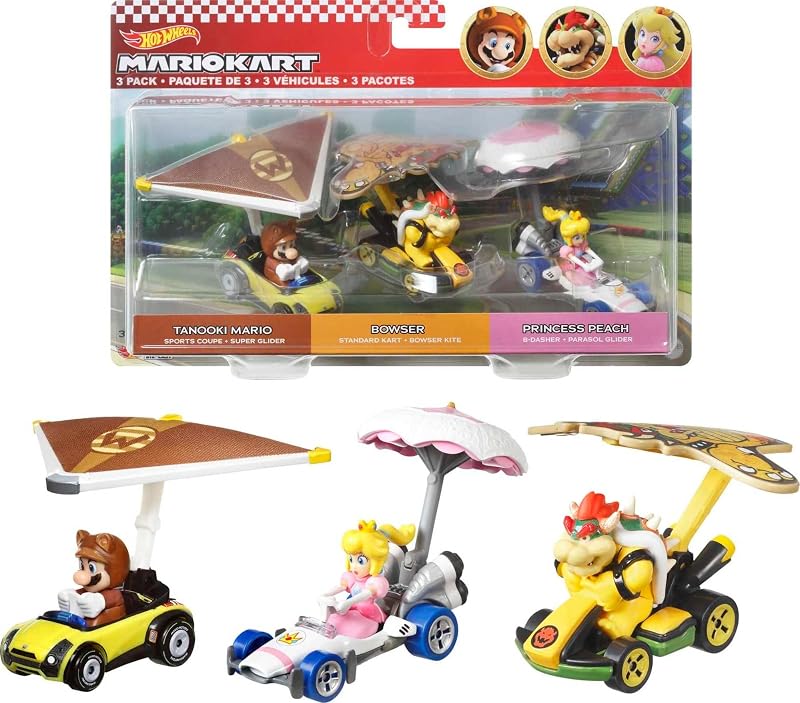 Hot Wheels Mario Kart Pack 3 Personajes #2, Coches de Juguete con con Parapente y Personajes, Regalo para niños y niñas +3 años (Mattel HDB39)