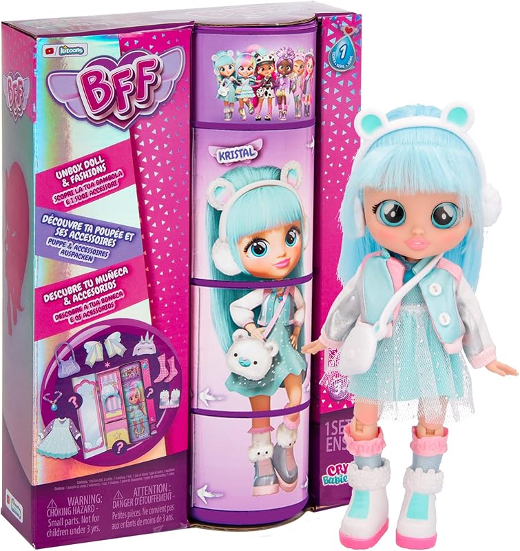 BFF BY BEBÉS LLORONES Kristal | Muñeca fashion Coleccionable con Pelo largo, Ropa de tela y 9 Accesorios - Juguete regalo para niñas y niños +5 Años