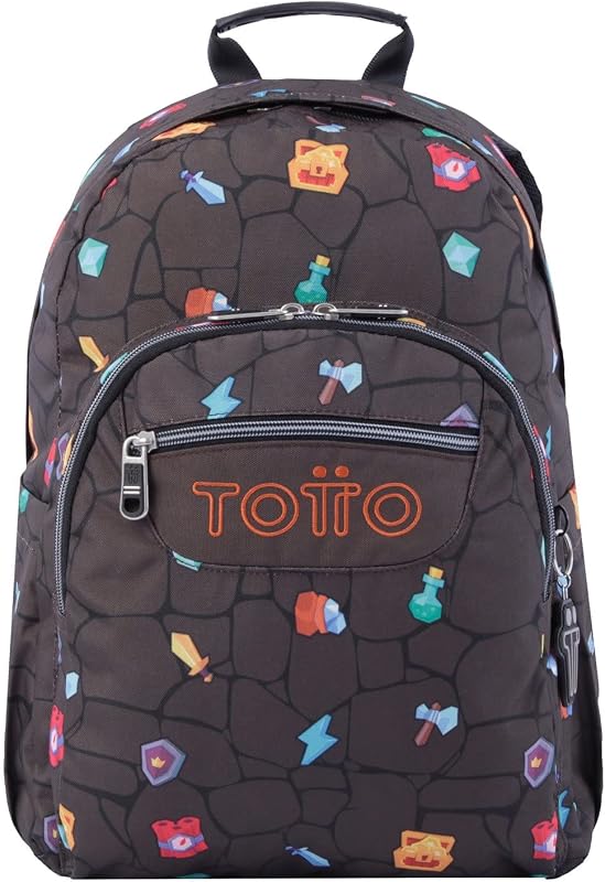TOTTO - Mochila Escolar Adaptable a Carro, Modelo Acuareles, Capacidad 20 L, Bolsillo para Pc 14", 2 Bolsillo Botella, Espaldar Ergonómico con Flujo de Aire, Correas en S, Estampado Videojuegos