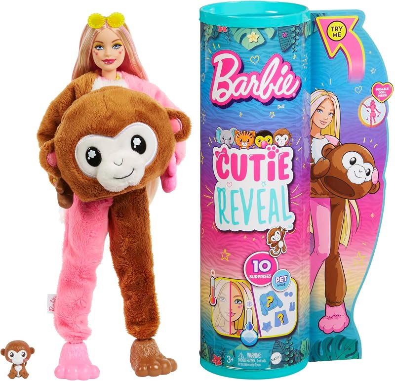 Barbie Cutie Reveal Serie Amigos de la Jungla Mono Disfraz Revela una muñeca articulada con Mascota y Accesorios Sorpresa de Moda, Juguete +3 años (Mattel HKR01)