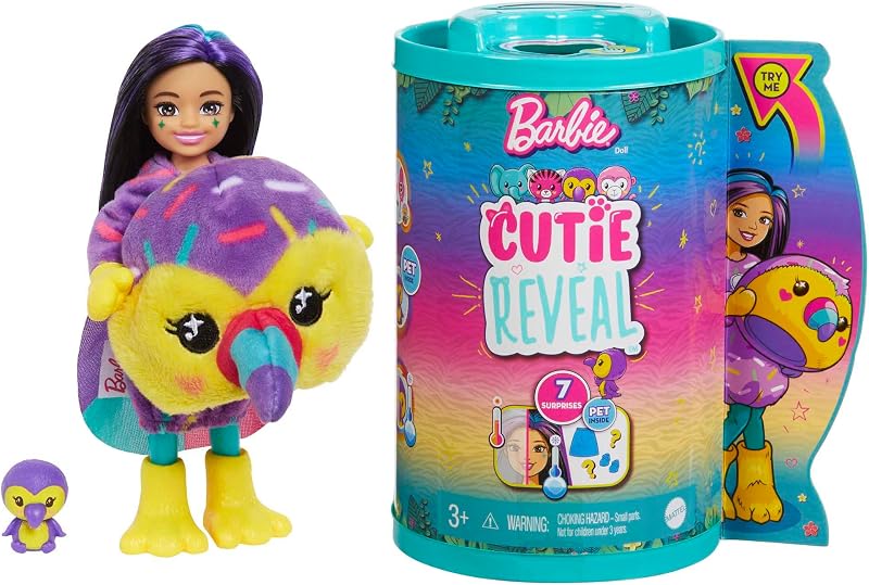 Barbie Chelsea Cutie Reveal Serie Amigos de la Jungla Tucán Disfraz Revela una muñeca articulada con Mascota y Accesorios Sorpresa de Moda, Juguete +3 años (Mattel HKR16)