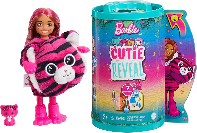 Barbie Chelsea Cutie Reveal Serie Amigos de la Jungla Tigre Disfraz Revela una muñeca articulada con Mascota y Accesorios Sorpresa de Moda, Juguete +3 años (Mattel HKR15)