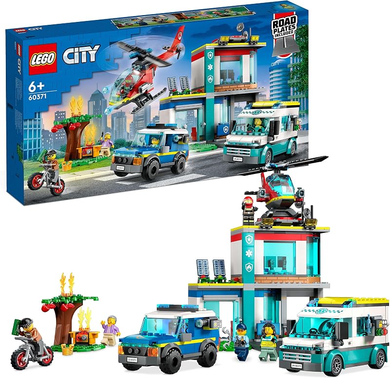 LEGO 60371 City Central de Vehículos de Emergencia, Set con Helicóptero, Ambulancia, Moto y Coche de Juguete para Niños de 6 Años o Más