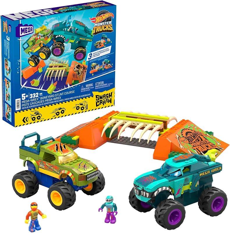 Mega Construx Hot Wheels Monster Trucks Pista Mega Wrex Smash & Crash 2 Coches de Juguete de Bloques de construcción, Juguete +5 años (Mattel HKF89)