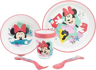 Vajilla infantil reutilizable antideslizante con base de silicona bicolor compuesto de plato, cuenco, vaso y cubiertos en caja de Minnie Mouse