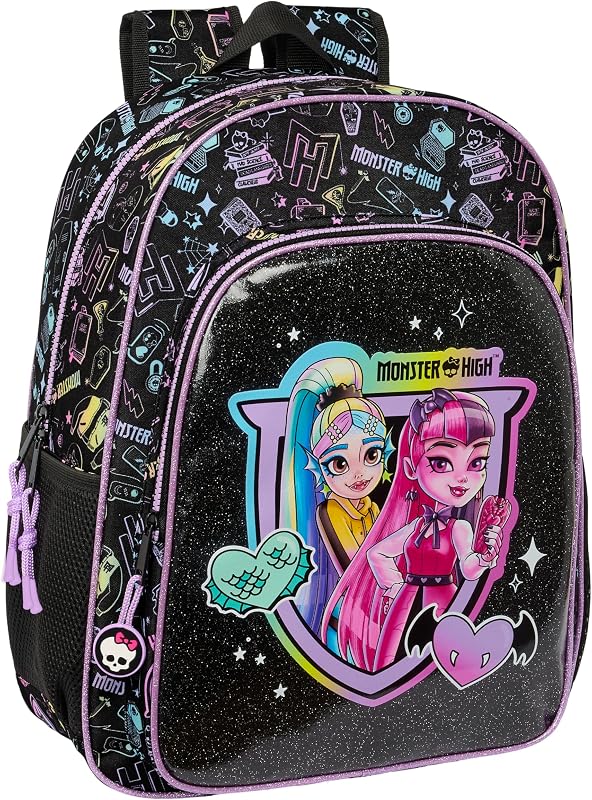 Safta MONSTER HIGH - Mochila Escolar Niño, Mochila Niño, Mochila Infantil, Adaptable a Carro, Ideal para Niños en Edad Escolar, Cómoda y Versátil, Calidad y Resistencia, 33x14x42 cm, Color Negro