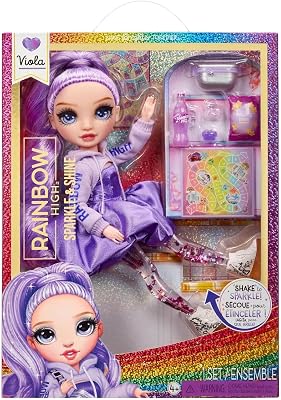 RAINBOW HIGH Sparkle and Shine - Viola (Morado) - Muñeca de Moda de 28 cm con Destellos Líquidos en Las Piernas, Agítalas para Verlas Brillar, Ideal para Niños y Niñas de 4 a 12 Años