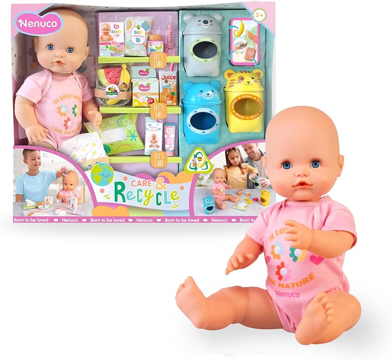 NENUCO - Cuida y Recicla, Muñeco Bebé de 42 cm y Cuerpo Duro y Body Rosa, Accesorios para Dar de Comer, Cambiar Pañal y Curar Heridas, Incluye 3 Contenedores de Reciclaje, +3 Años, Famosa (NFN98000)