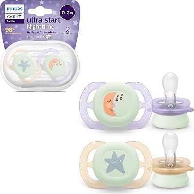 Philips Avent Ultra Start Nighttime, chupetes para recién nacidos de 0 a 2 meses, brillan en la oscuridad, tetina de silicona, sin BPA, con funda de transporte/esterilización, paquete de 2, SCF075/07