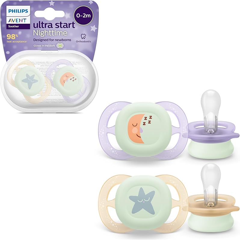 Philips Avent Ultra Start Nighttime, chupetes para recién nacidos de 0 a 2 meses, brillan en la oscuridad, tetina de silicona, sin BPA, con funda de transporte/esterilización, paquete de 2, SCF075/07