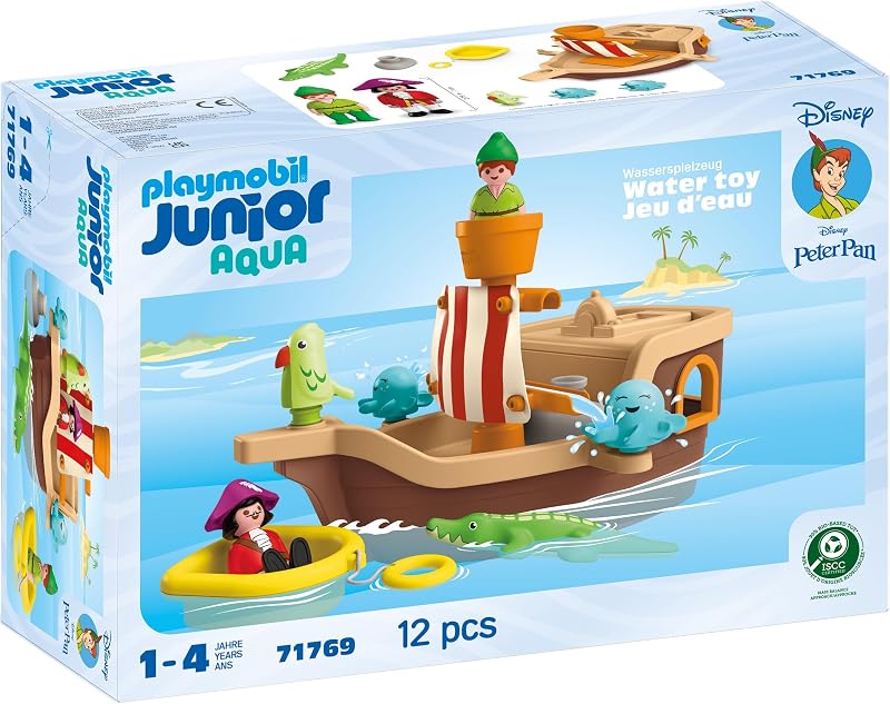 PLAYMOBIL Junior & Disney, Peter Pans Pirata Barco, Juguete sostenible a Partir de 1 año, Regalo para niños pequeños, Promueve Las Habilidades motoras y el Juego de rol, Barco Pirata con Figuras