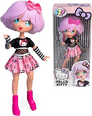 4SF - Hello Kitty Manga Doll Teddy Rock, Muñeca Fashion Japonesa con Looks a la Moda Manga, Figura de 19,5 cm con 15 Puntos de Articulación, Pelo Morado, Accesorios Incluidos, Famosa (HKTF0100)