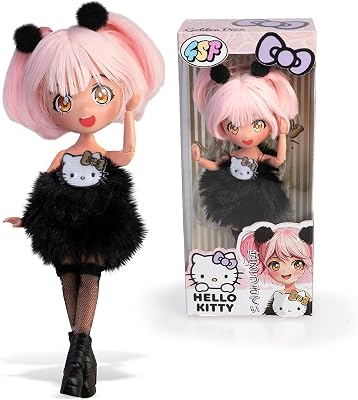 4SF Hello Kitty Manga Doll Golden Diva, Muñeca Fashion Japonesa | Looks a la Moda Manga, Figura de 19,5 cm, 15 Puntos de Articulación, Pelo Rosa, Accesorios Incluidos, Famosa (HKTF0200)