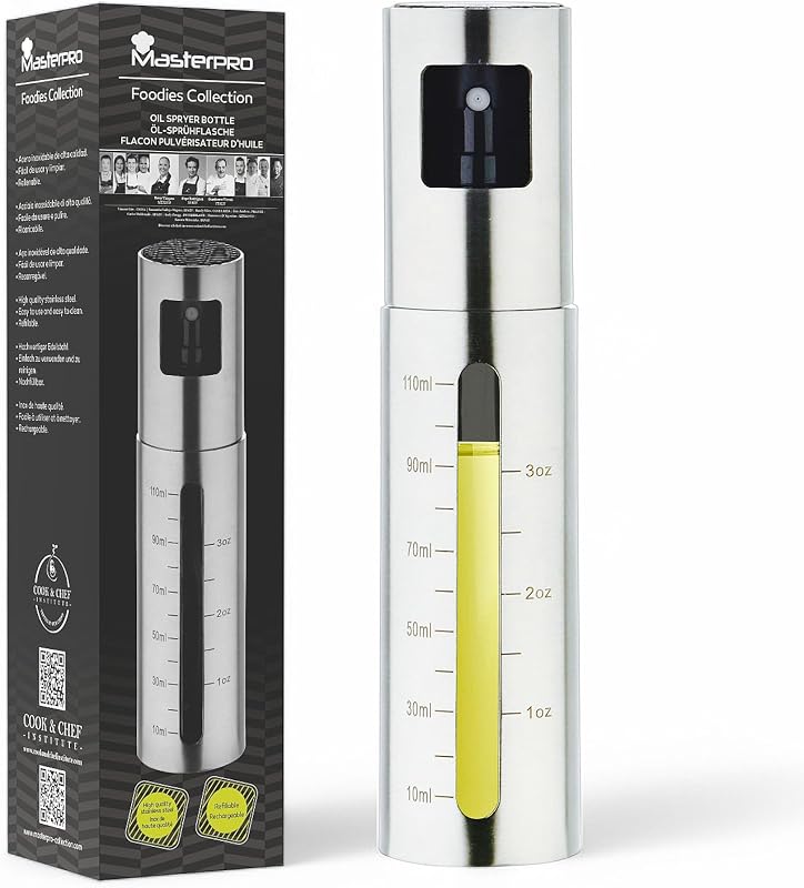 MasterPRO FOODIES | Spruzzatore per olio 110 ml | Acciaio inossidabile | Ricaricabile e antigoccia | Facile da usare e da pulire | Accessorio per friggitrice ad aria | Dosatore per olio