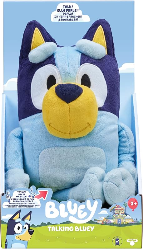 Bluey parlante de 33 cm, Peluche multilingüe parlante con 9 Frases y la canción de la Serie, Habla en 3 Idiomas Diferentes