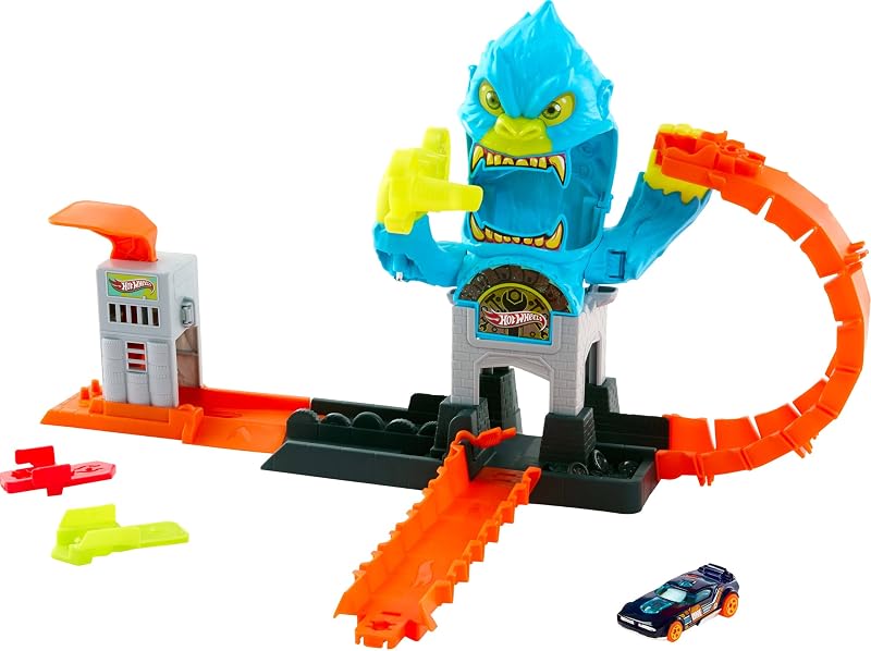 Hot Wheels City Ataque del Gorila Feroz Conjunto de Juego y vehículo a Escala 1:64, desafío contra Enemigo con múltiples Formas de Jugar, Pista Speed Snap, JHL92